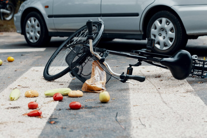Bycicle fell on the ground with some vegetables around it